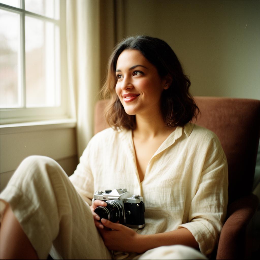 Sarah McCaffrey portrait with film camera